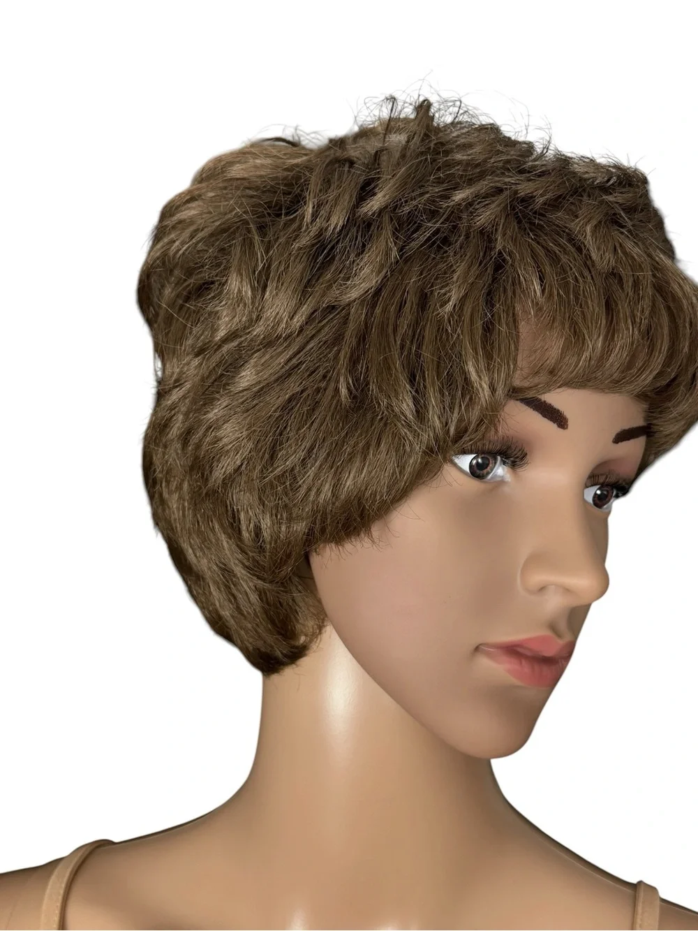 Vintage Adolfo Kanekalon Wig Body Perm Short Pixie Cut Layered Brown Shag Bangs